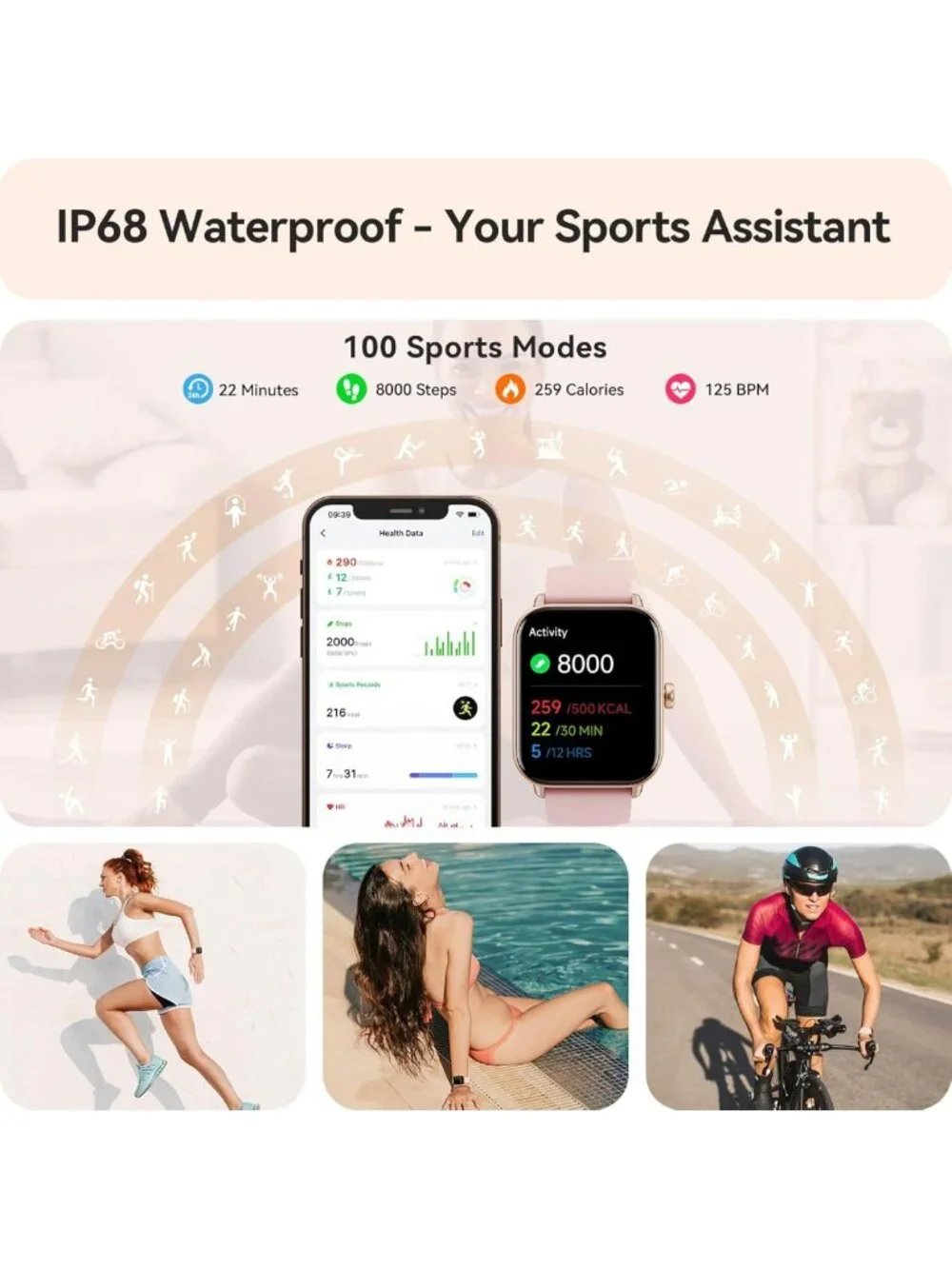 Stylish Smartwatch for Women, IP68 Waterproof, Fitness Tracker, Heart Rate